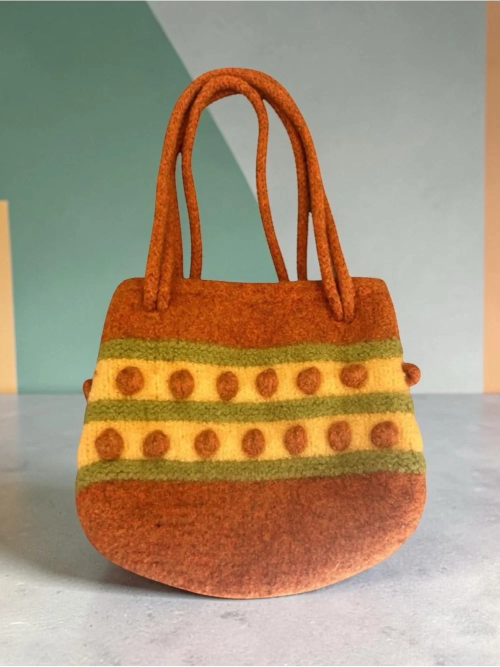 Artisan Orange Felt Tote with Green and Cream Stripes